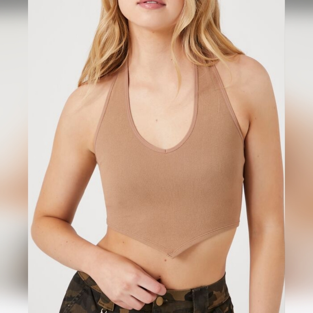 New. Tan Ribbed Halter Crop Top